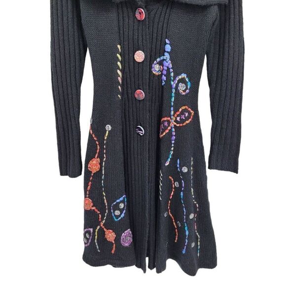 Vintage 90's Coatigan Duster Cardigan M Black Whimsical Embroidery Fairy Grunge - Picture 7 of 17